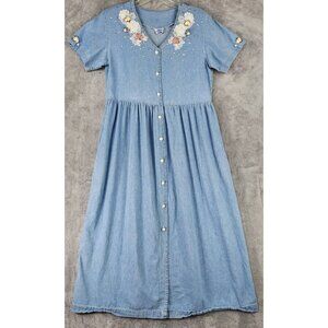 NU Dimension Dress Womens Medium Blue Denim Floral Embroidered Vintage Midi
